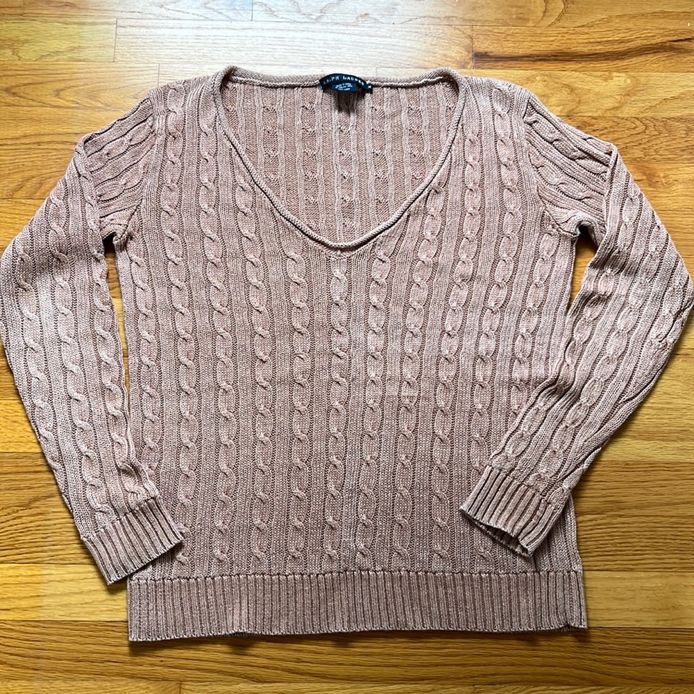 Ralph Lauren V-Neck Linen Sweater Cable Knit Long Sleeve Italian Yarn Medium